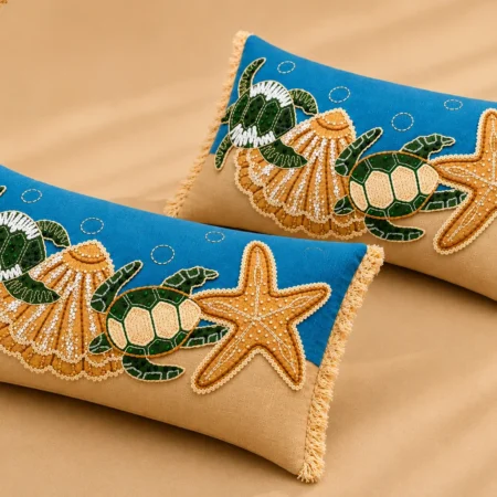 Cojín Bordado Tortugas y Estrella de Mar