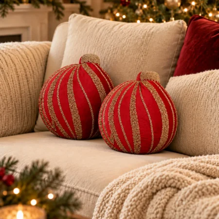Cojín Decorativo Navideño Esfera de Navidad Rojo y Dorado