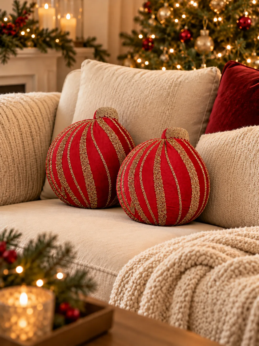 Cojín Decorativo Navideño Esfera de Navidad Rojo y Dorado