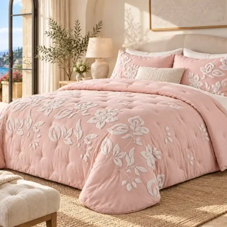 Edredón Fino de Invierno Rosa de Poniente – Rosa Empolvado con Flores en Relieve