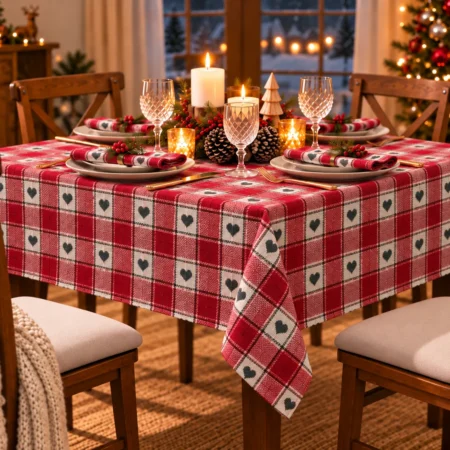 Mantel Navideño Navidad de Corazón Verde – Corazones Verde Oscuro 100% Algodón Grueso