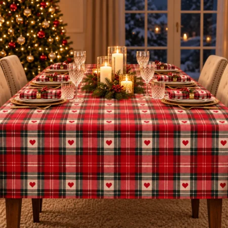 Mantel Navideño Navidad de Corazón – Cuadros Rojos con Corazones 100% Algodón Grueso