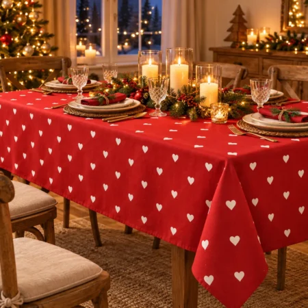 Mantel Rojo Dulce Encanto con Corazones Blancos – 100% Algodón Grueso 140x180 cm